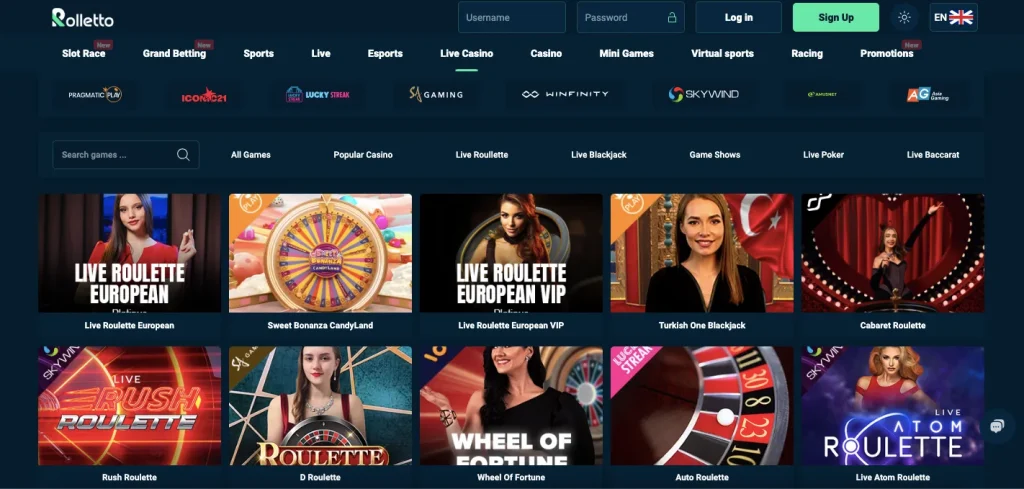 Rolletto Live Casino: Choose a Game and Join a Table